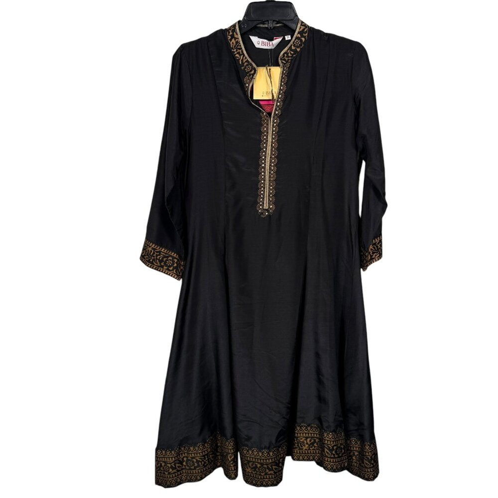 BIBA Kurta Womens 36 Large Black Gold Embroidered Lightweight Satin Floral
